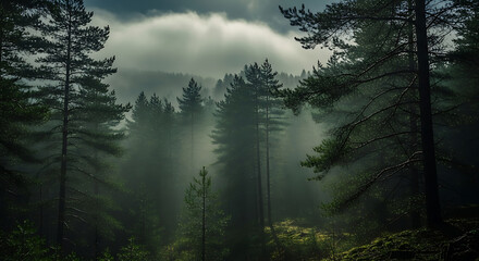 A moody and atmospheric photograph of a dark green forest at night.