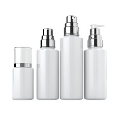 Four white cosmetic bottles with silver caps