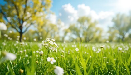 Sunlight streams onto a verdant field brimming with dainty white flowers and lush green grass beneath a soft, cloudy blue sky