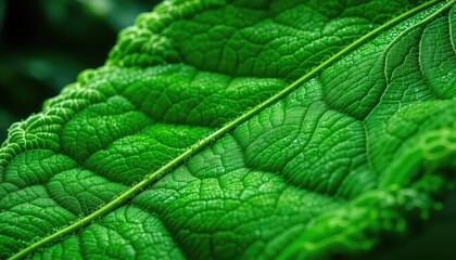 Fototapeta premium Detailed close-up of a bright green leaf showing intricate vein patterns and textured surface in natural light conditions