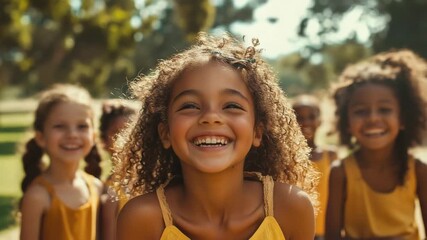 Happy children smile outdoors in green park under summer sunlight, joyful kids enjoying nature and warm day, happy child with curly hair smiling with friends in natural outdoor setting - Powered by Adobe