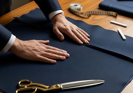 Tailor meticulously preparing a bespoke suit with care and precision on a wooden workbench