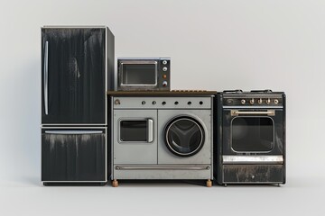 Obraz premium vibrant image of Old household appliances, TV, washer, fridge, isolated on white