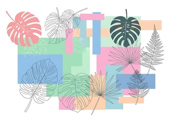 Obraz premium Tropical leaf patterns with vibrant geometric shapes create a unique composition