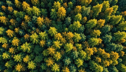 Overhead View of Evergreen Forest with Variations of Green and Yellow, Representing the Beauty of the Natural World
