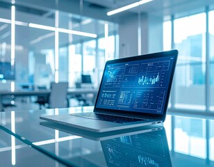 Modern laptop showing statistical data in a sleek office environment