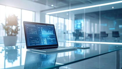 Futuristic office interior with laptop and digital analytics display