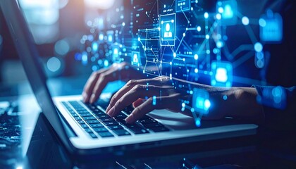 Hands typing on laptop with digital network interface displayed above