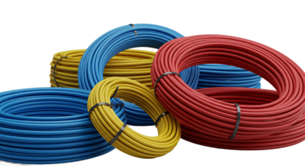 A collection of coiled electrical wires in red blue and yellow colors isolated on transparent background
