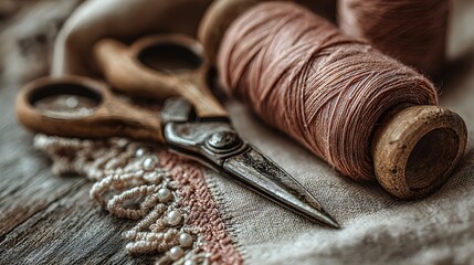 Close-up of vintage sewing supplies on a wooden surface.