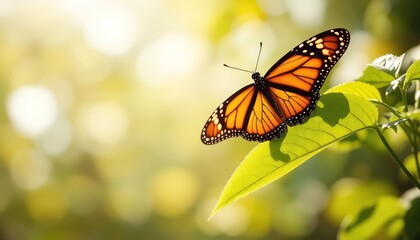 Obraz premium Butterfly resting on a leaf basking in soft light creating a tranquil and beautiful nature scene
