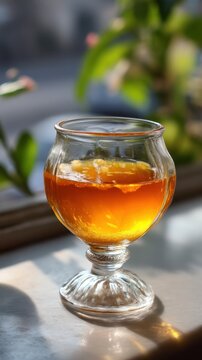 Refreshing honey lemonade in elegant glass with sunlit background Ethiopian tej honey wine
