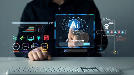 Person using Ai Content Generator.	Interaction with the Ai assistant to solve some tasks more easily. Image generator, documents, marketing and advertising, bot writing and coding.