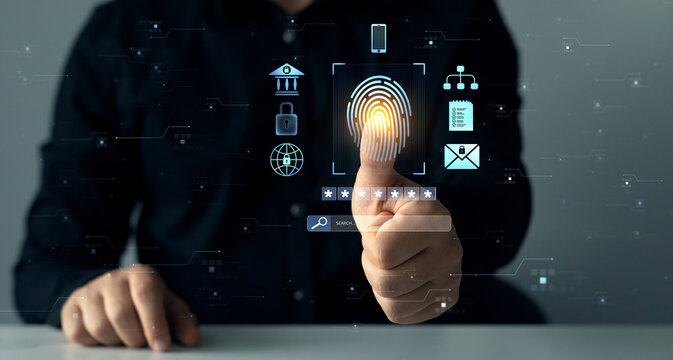 Fingerprint scanning allows access security and identification big data.Cyber ​​security technology on Internet.	Biometric secure personal data access technology.