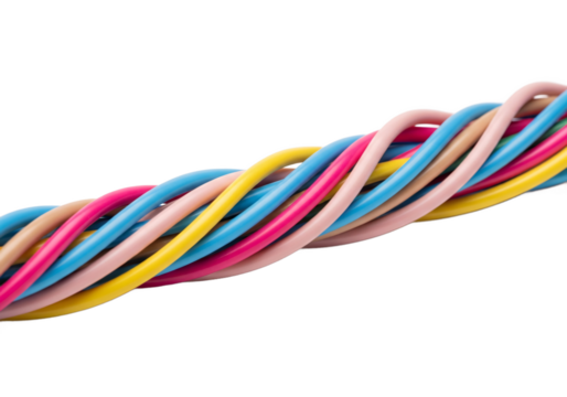 A colorful twisted rope made of thin strands of pink blue yellow and white isolated on transparent background