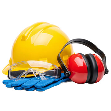Yellow hard hat safety glasses blue gloves and red earmuffs for construction site protection isolated on transparent background