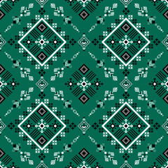 A repeating geometric pattern featuring diamonds and intricate designs in green, black, and white.