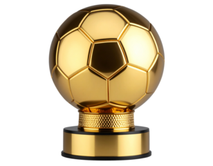 Golden Football Award with Glowing Highlights and Modern Base Side-Angled Perspective Isolated on Transparent Background PNG