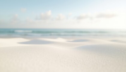Fototapeta premium Gentle light and airy photograph depicts a bright expanse of white sand dunes blending with the ocean and hazy sky in the tranquil distance