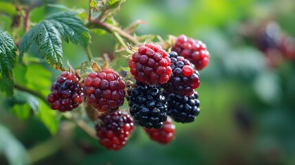 Blackberry fruit growing on a bush, close-up showing berries in stages from green to red and purple, set against a blurred natural background, capturing the ripening process in a real outdoor scene.