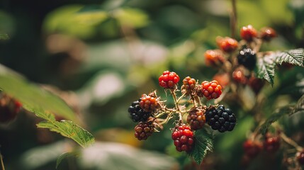 Blackberry fruit growing on a bush, close-up showing berries in stages from green to red and purple, set against a blurred natural background, capturing the ripening process in a real outdoor scene.