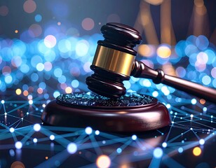 Digital Justice: Scales and Gavel Intersecting with Binary Code