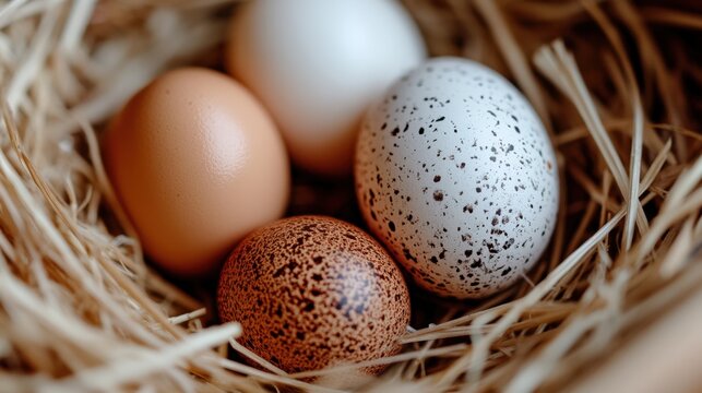 Variety of eggs in nest with hay: brown and speckled shells close-up. World Egg Day