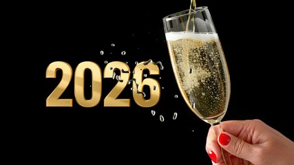 Champagne flute filled with sparkling beverage, being poured, with golden numbers 2026 in the background, symbolizing celebration and New Year festivities, creating a festive atmosphere - Powered by Adobe