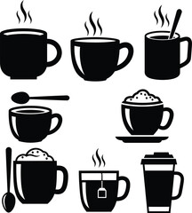 Set of Eight Stylized Coffee Cup Icons — Black and White Illustrations Featuring Steam, Spoons, Tea Bags, and Takeaway Lids to Represent Hot Beverage Rituals and Drinkware Diversity