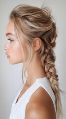 Obraz premium Blonde caucasian young female with braided hairstyle in elegant side profile. National Braiders Day