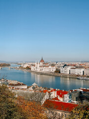 Beautiful view of the Danube River and the Hungarian Parliament in Budapest on a clear day