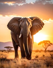 Obraz premium Majestic elephant silhouetted against a vibrant sunset in the African savanna