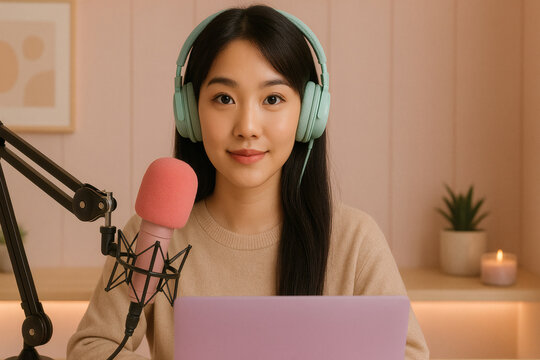 Asian Content Creator Recording Podcast in Pastel Studio - Powered by Adobe