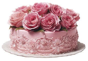 Elegant pink cake adorned with delicate rose blossoms and intricate frosting swirls