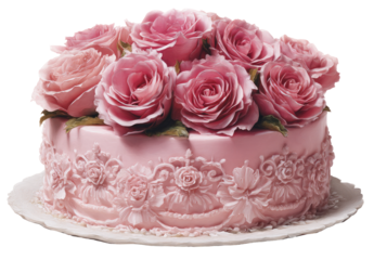 Elegant pink cake adorned with delicate rose blossoms and intricate frosting swirls