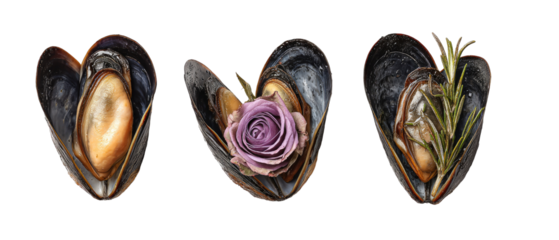 Three mussel shells, each holding a different garnish