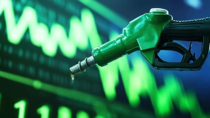 Fuel nozzle with drop of liquid and green stock market graph background symbolizing energy price fluctuation economic impact dynamic vivid setting and fuel nozzle with drop of liquid front of green - Powered by Adobe