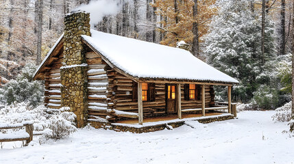 Snow covered wooden cabin winter wonderland cozy rustic home night scene