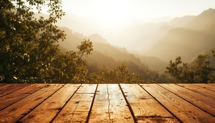 Rustic wooden planks provide a warm foreground to a scenic vista of rolling hills bathed in the golden light of a setting sun
