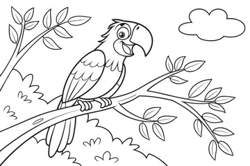 Naklejka premium Coloring Pages, cheerful parrot sitting on branch, cartoon style, uncolored line art
