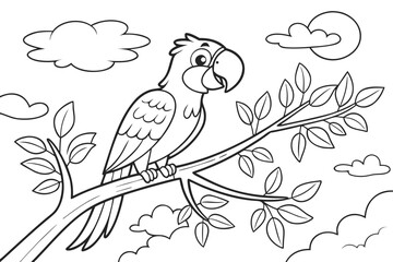 Coloring Pages, cheerful parrot sitting on branch, cartoon style, uncolored line art