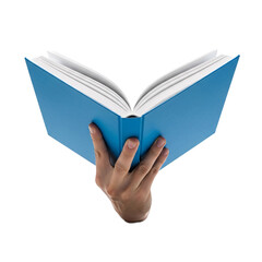 Hand holding an open blue book with blank pages for reading and learning isolated on transparent background