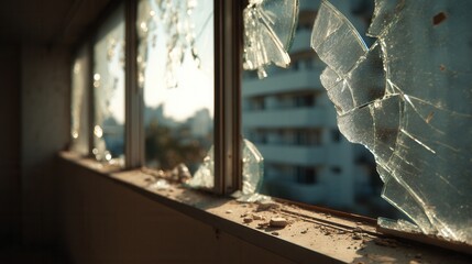 Obraz premium Shattered window glass in a damaged city building lit by evening sun. Symbolic of urban destruction, post-disaster scenes, or social decay. Great for dramatic and crisis-related visuals.