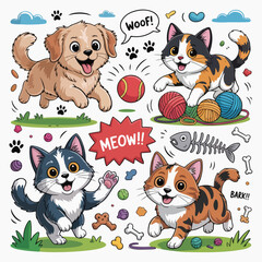 Playful Cartoon Cats and Dogs with Pet-Themed Doodles