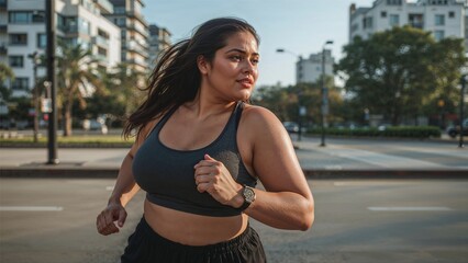 Plus size woman running outdoors in urban area during daylight. Active lifestyle and urban energy.