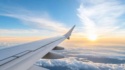 Obraz premium Aerial view of airplane wing above clouds during sunset, showcasing serene sky