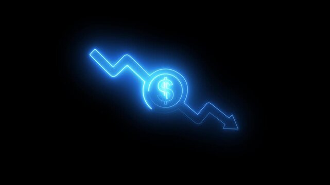 Money loss concepts. Cash down, arrow and dollar stocks graph, market fall. neon down arrow stocks graph. Arrow rising with percent icon representing about Interest rates, income taxes,