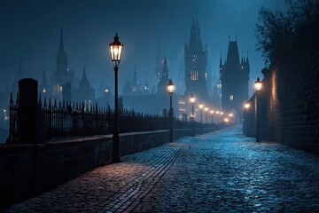Misty night walk along a cobblestone path.  Gothic architecture,  glowing lanterns