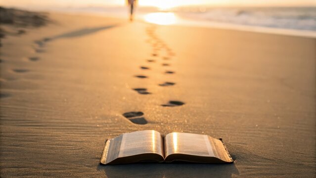 Faded footprints leading to a glowing Bible — guided by faith through time
