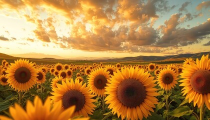 Obraz premium Vibrant sunflowers stretch towards the horizon in a golden field under a sky painted with sunset hues